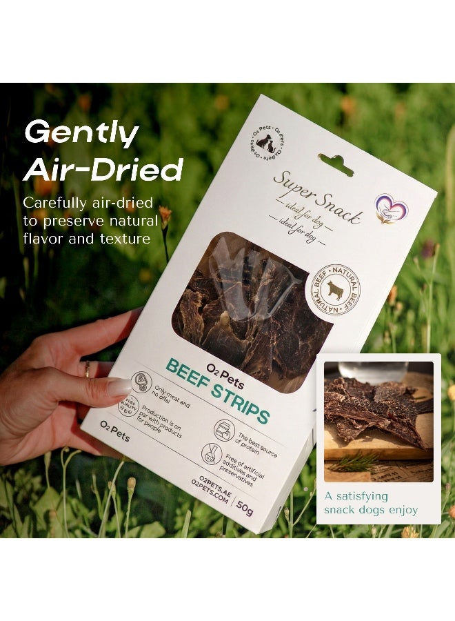 O2Pets Dog and Puppy Beef Strips Natural Treats – 100% Pure Beef Muscle Meat Jerky – High Protein & Grain-Free Reward for Sensitive Stomachs, Muscle Support & Dental Care 50g - Image 4